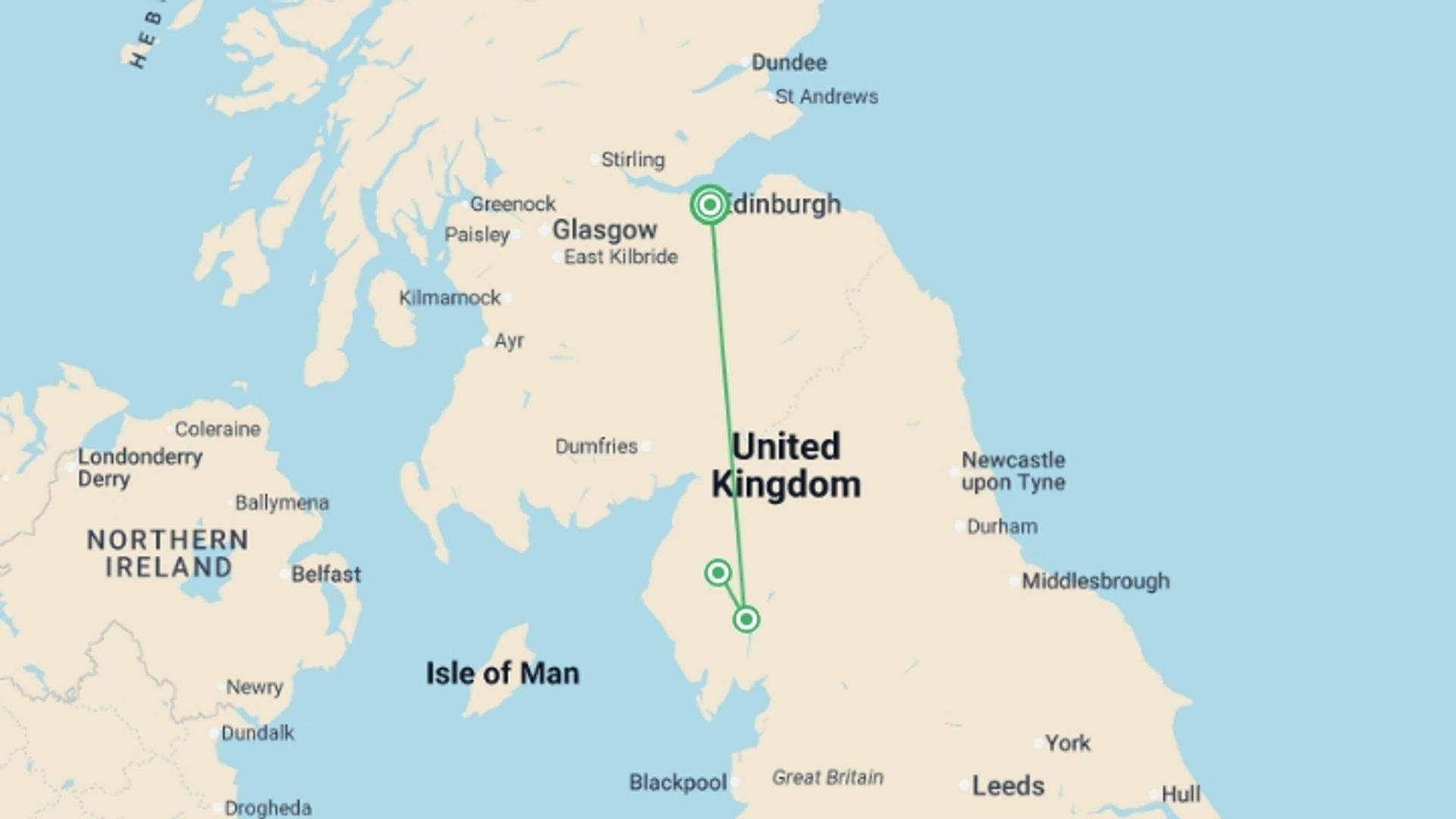 A map showing the tour itinerary for the trip: Lake District From Edinburgh - 3 days, starting in Edinburgh, Scotland and ending in Edinburgh, Scotland going through 1 other destinations.