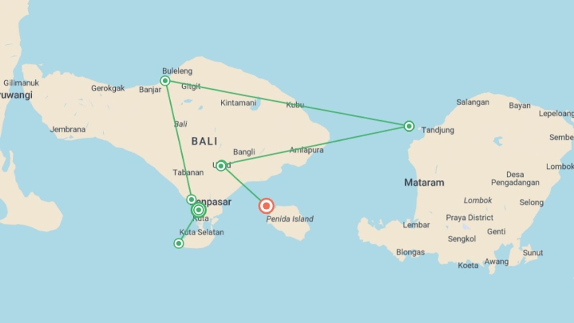 A map showing the tour itinerary for the trip: Bali Experience 12 day, starting in Seminyak , Indonesia and ending in Indonesia going through 5 other destinations.