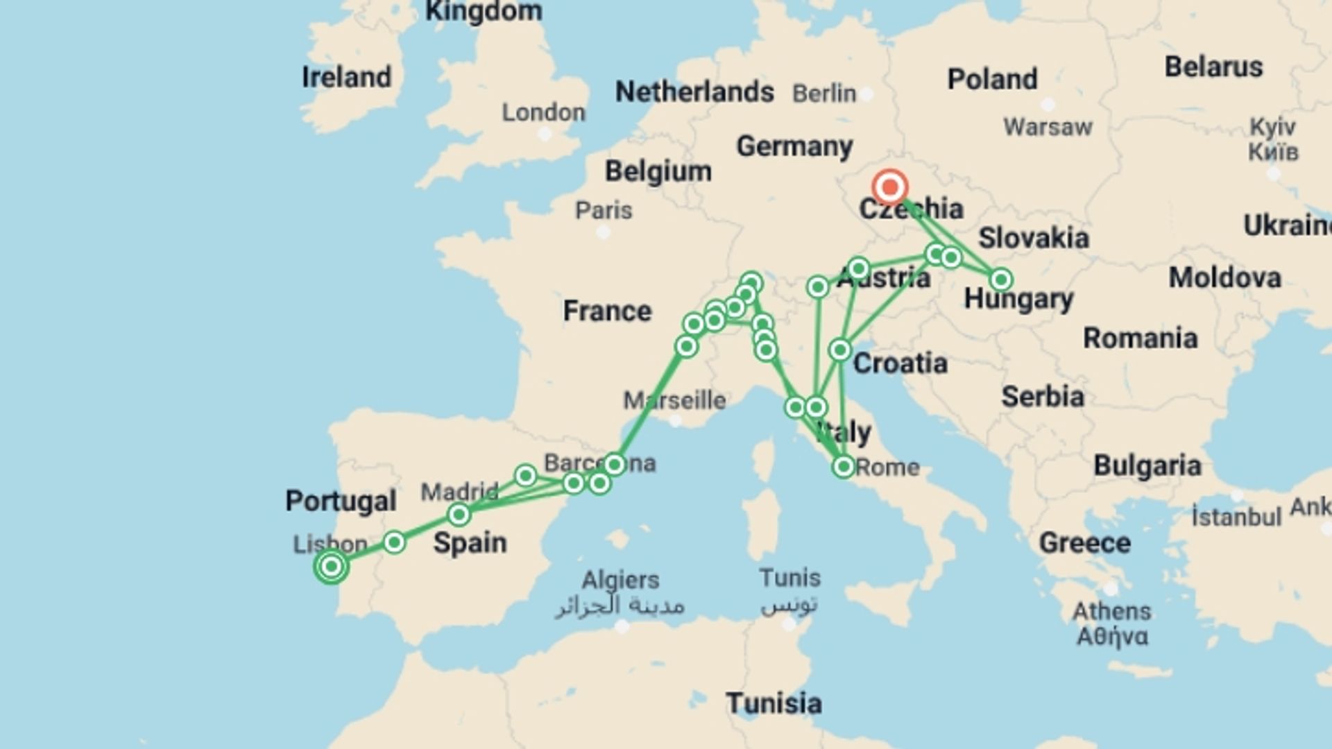 A map showing the tour itinerary for the trip: Europe from West to East, starting in Lisbon, Portugal and ending in Prague, Czech Republic going through 13 other destinations.