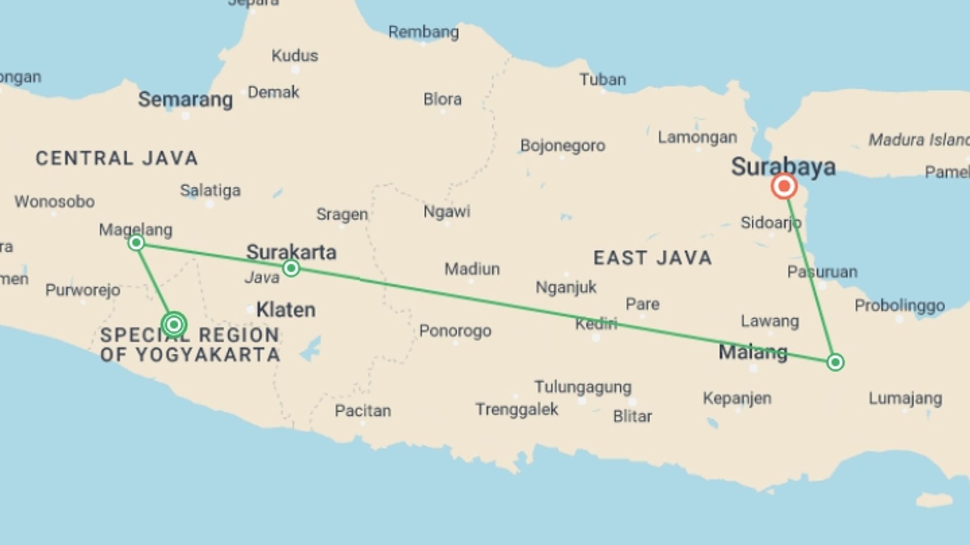 A map showing the tour itinerary for the trip: Classic Java: Borobudur & Mt Bromo, starting in Yogyakarta, Indonesia and ending in Surabaya, Indonesia going through 4 other destinations.