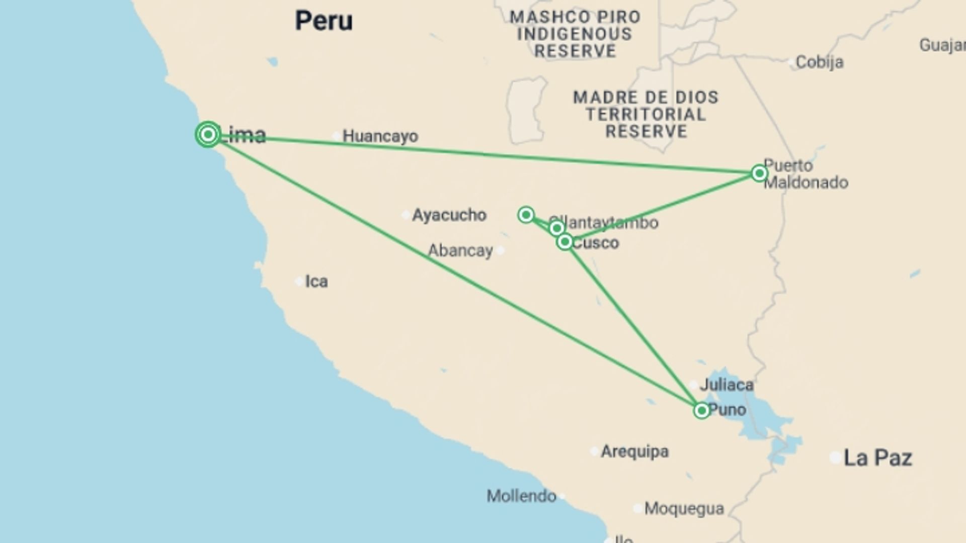 A map showing the tour itinerary for the trip: Wonders of Peru - 13 Days, starting in Lima, Peru and ending in Lima, Peru going through 4 other destinations.