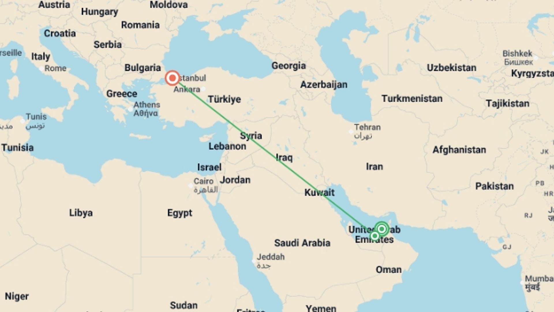 A map showing the tour itinerary for the trip: Wonders of Dubai Abu Dhabi and Istanbul, starting in Dubai, UAE and ending in Istanbul, Turkey going through 1 other destinations.