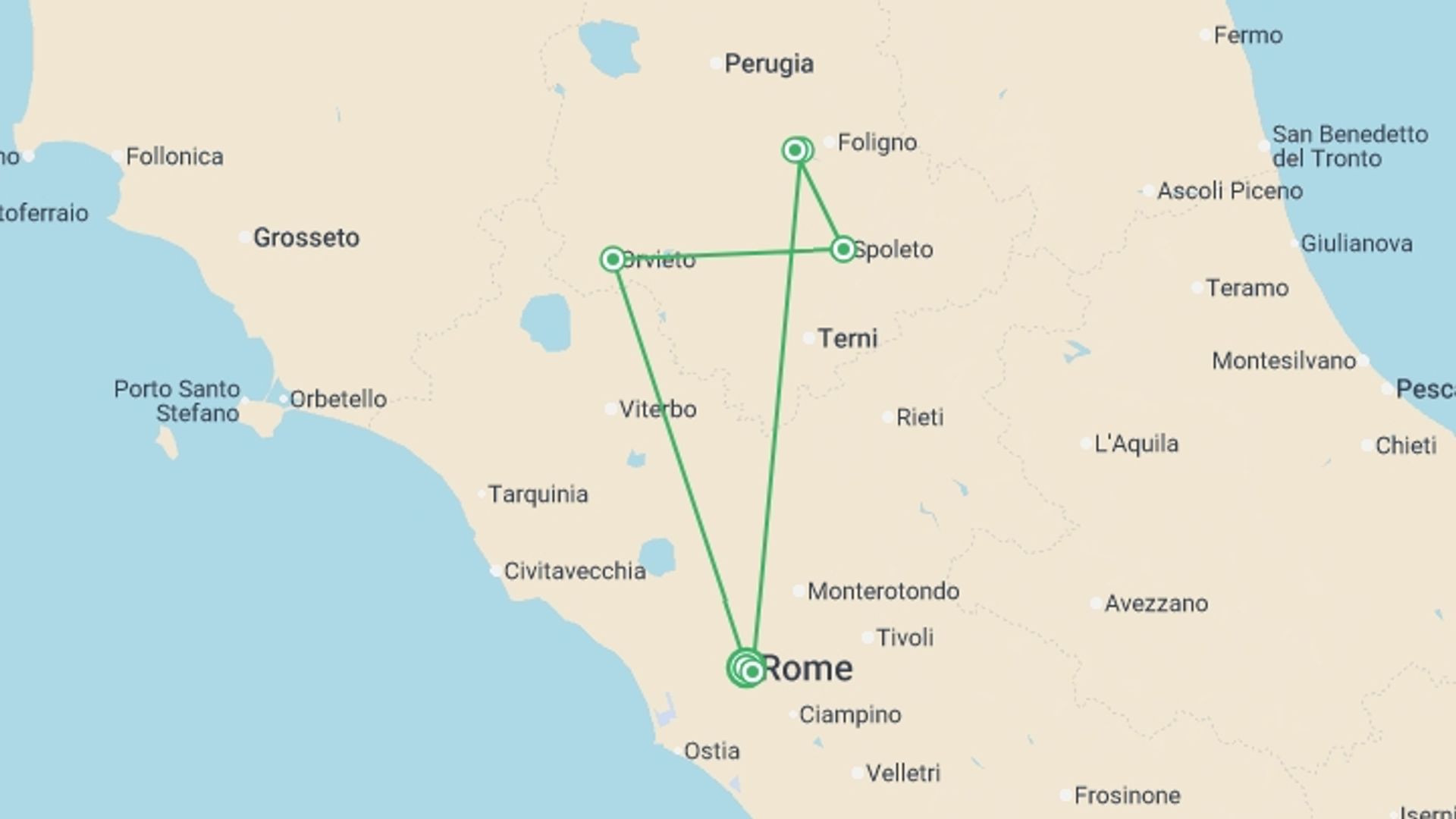 A map showing the tour itinerary for the trip: Upgraded - Walking Italy: Rome & Umbria, starting in Rome, Italy and ending in Rome, Italy going through 5 other destinations.