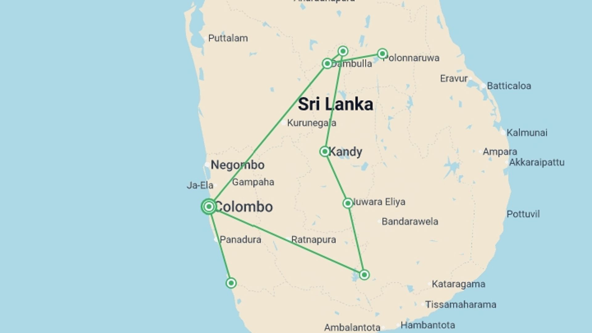 A map showing the tour itinerary for the trip: Best of Sri Lanka & Beach - 12 days, starting in Colombo, Sri Lanka and ending in Colombo, Sri Lanka going through 5 other destinations.