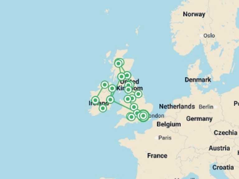 Map itinerary of Europe Tour in Winter with 14 destination visits for the trip: Great Britain and Ireland