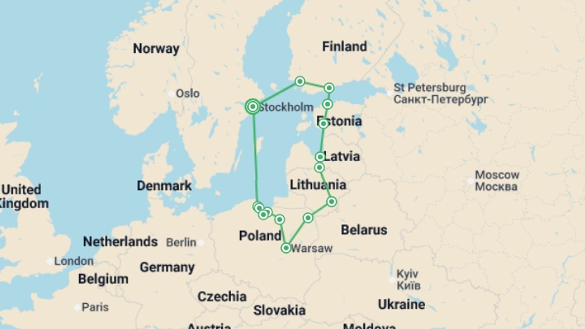 A map showing the tour itinerary for the trip: Baltic Capitals and Poland Start Stockholm ROT, starting in Stockholm, Sweden and ending in Stockholm, Sweden going through 7 other destinations.
