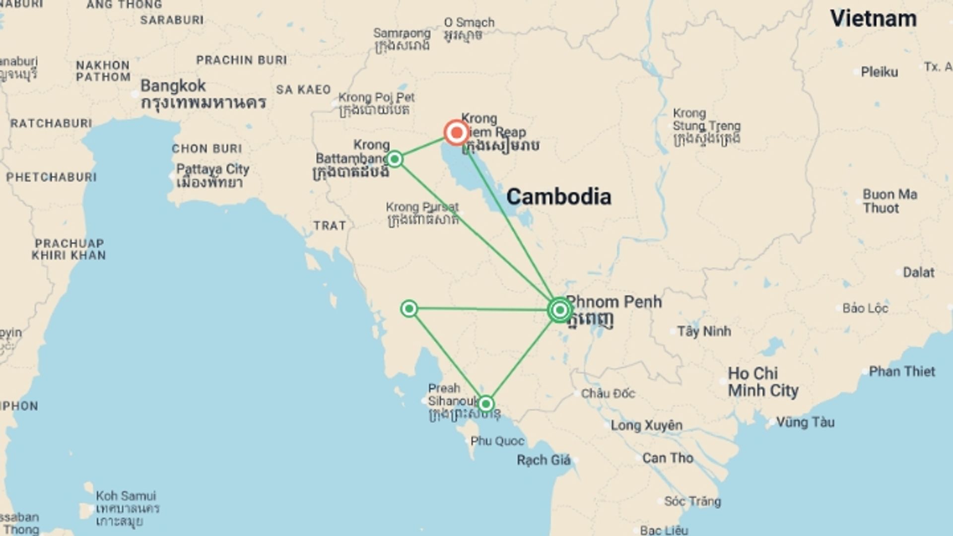 A map showing the tour itinerary for the trip: Cambodia Adventure, starting in Phnom Penh, Cambodia and ending in Siem Reap, Cambodia going through 3 other destinations.
