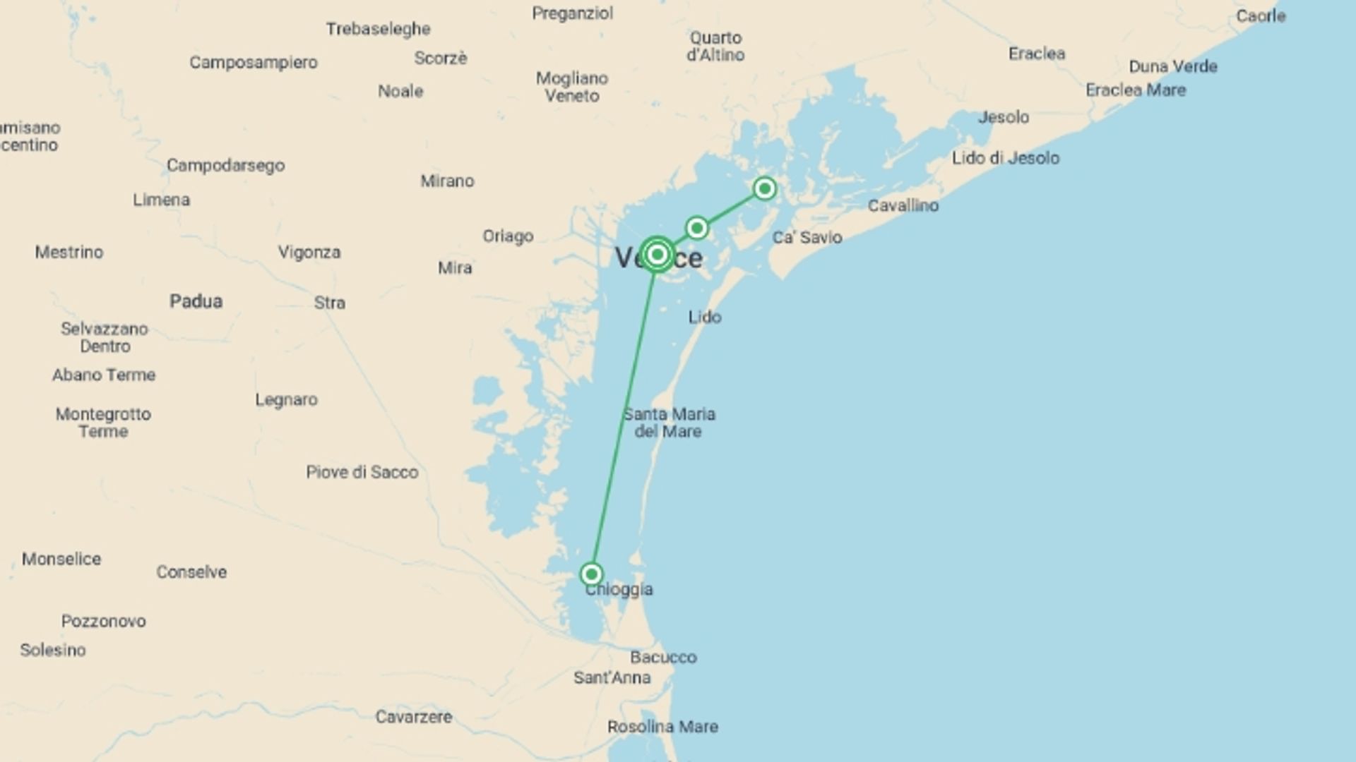 A map showing the tour itinerary for the trip: New Year in Venice (port-to-port cruise), starting in Venice, Italy and ending in Venice, Italy going through 0 other destinations.