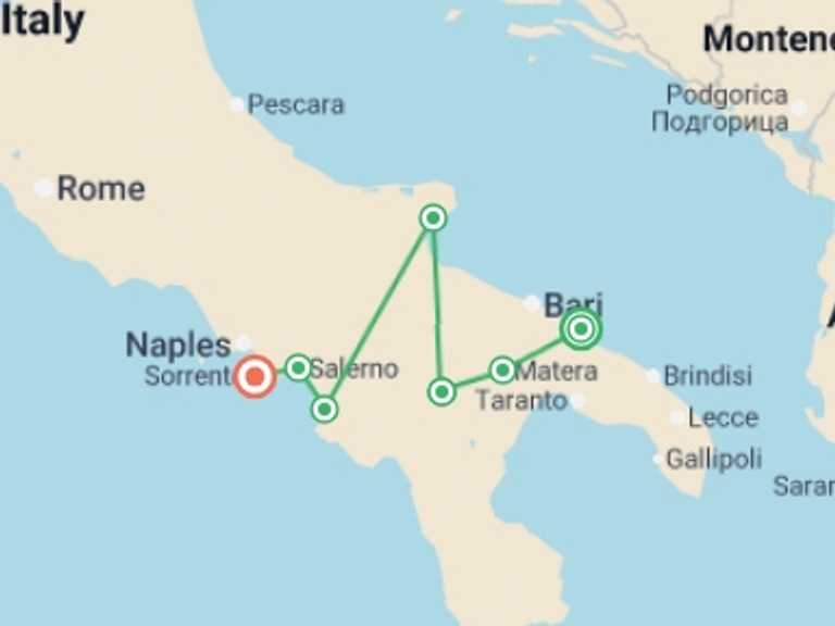 Map itinerary of Italy Tour in September 2027 with 7 destination visits for the trip: Italy Coast to Coast by E-bike: Puglia to Amalfi Coast