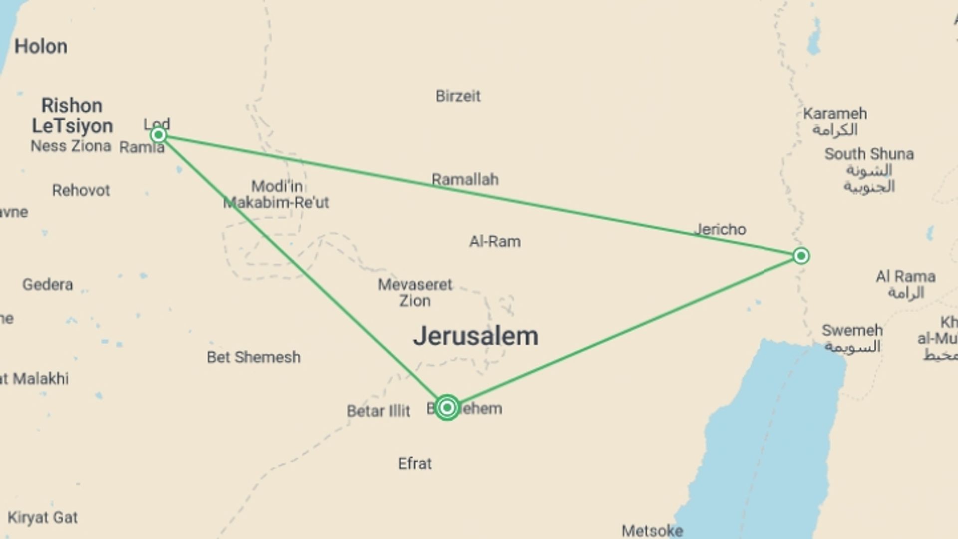 A map showing the tour itinerary for the trip: Christian Jerusalem, Bethlehem And Jericho, 2 Days From Jerusalem, starting in Bethlehem, Israel and ending in Bethlehem, Israel going through 0 other destinations.