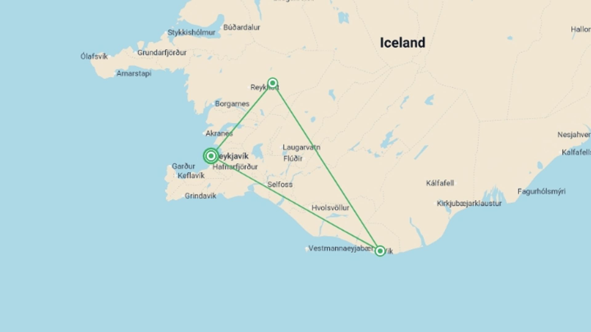 A map showing the tour itinerary for the trip: Scenic Iceland and the Northern Lights, starting in Reykjavik, Iceland and ending in Reykjavik, Iceland going through 2 other destinations.