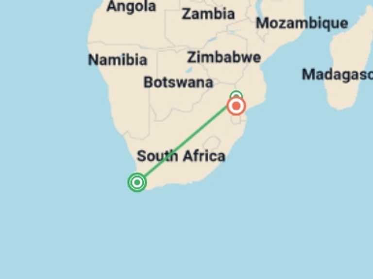 Map of Africa Wildlife safaris and game drives Tour with 4 destination visits for the trip: Spectacular South Africa