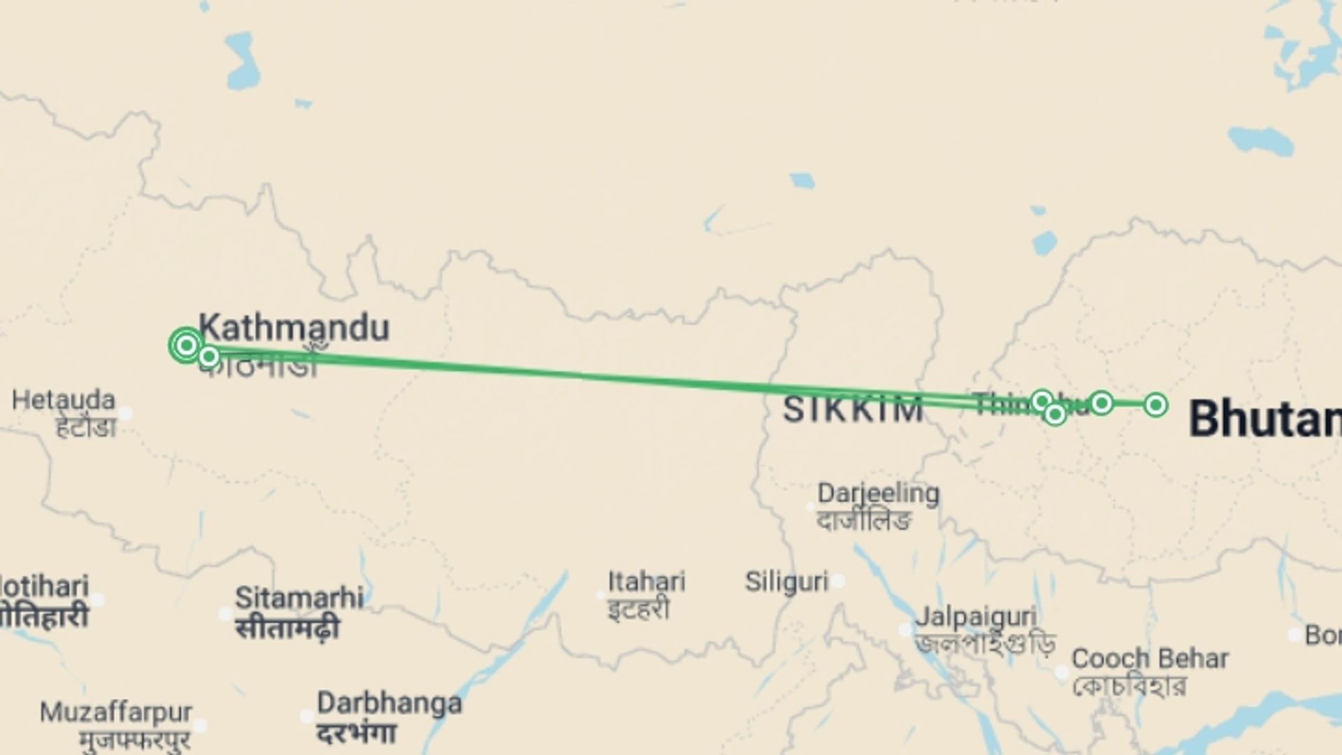 A map showing the tour itinerary for the trip: Himalayan Kingdoms, starting in Kathmandu, Nepal and ending in Kathmandu, Nepal going through 6 other destinations.