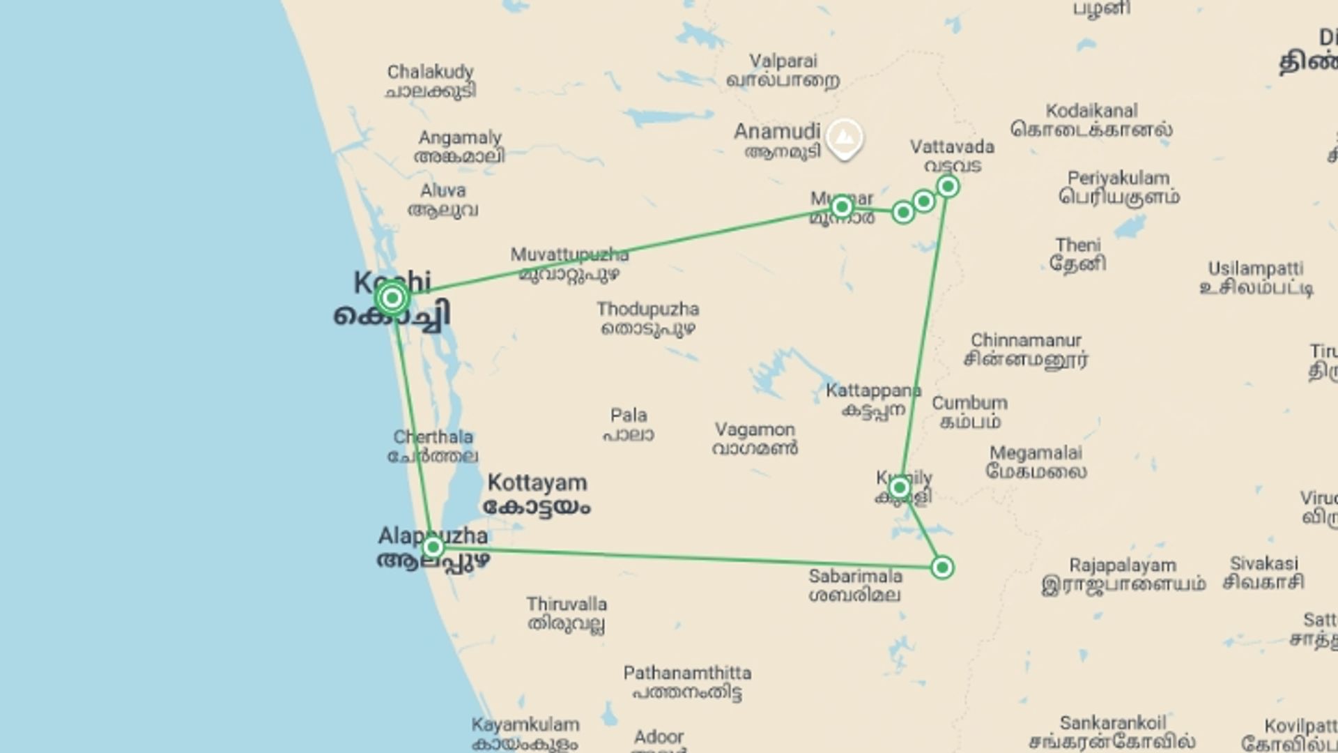 A map showing the tour itinerary for the trip: Walking in Kerala, starting in Kochi, India and ending in Kochi, India going through 7 other destinations.