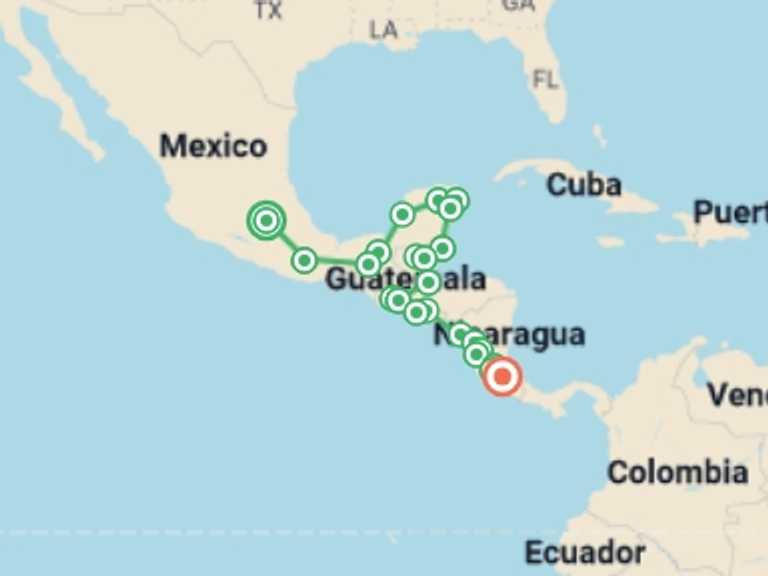 Map of a Adventure and sport Tour with 23 destination visits for the trip: Epic Central America
