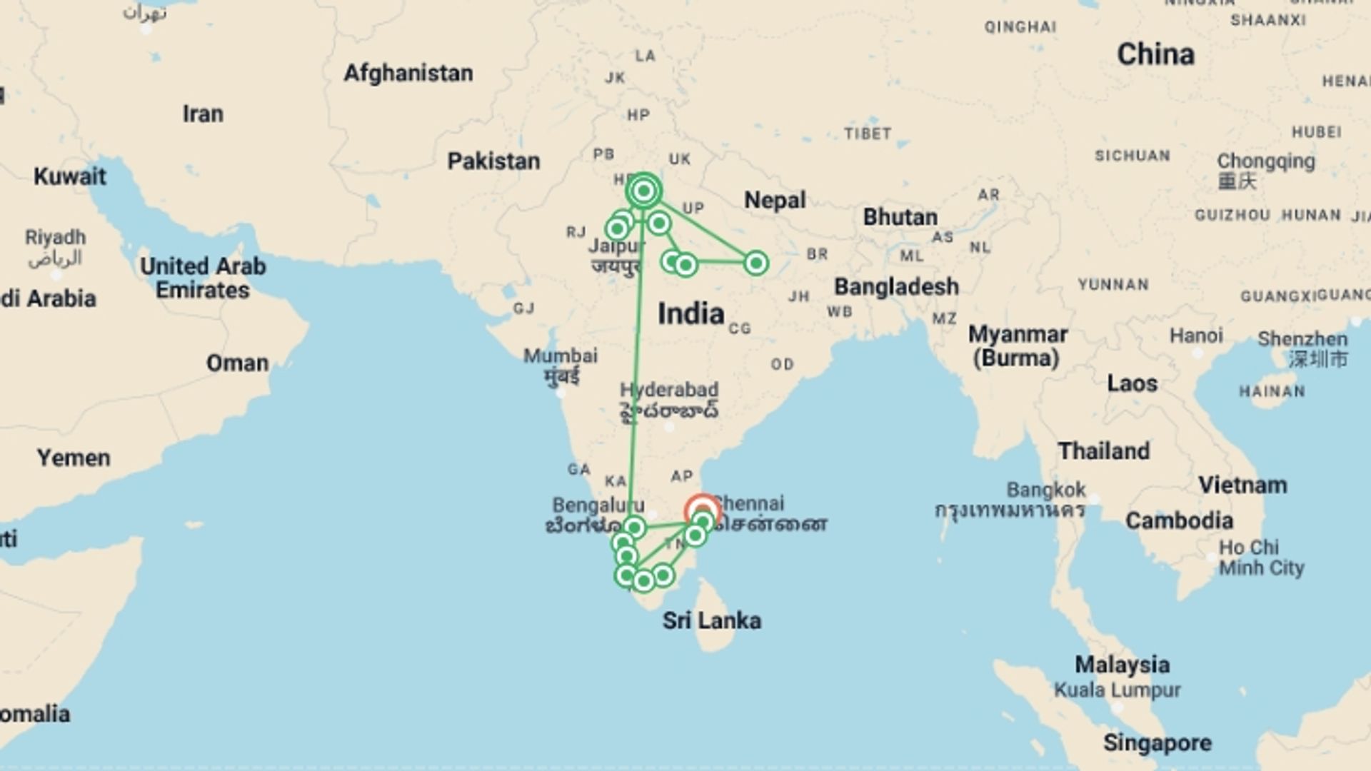 A map showing the tour itinerary for the trip: India Encompassed, starting in New Delhi, India and ending in Chennai, India going through 14 other destinations.