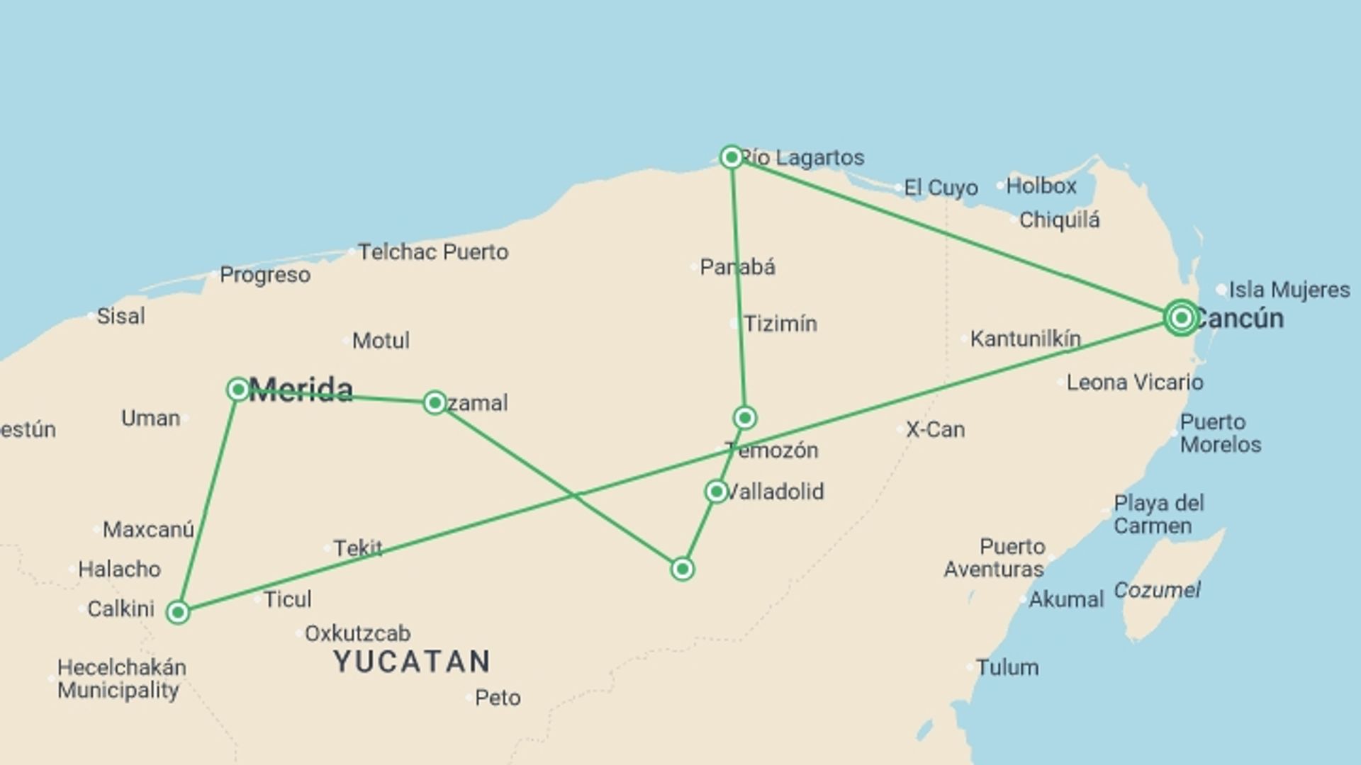 A map showing the tour itinerary for the trip: Mini Wonders Of The Maya With The Maya Train, starting in Cancún, Mexico and ending in Cancún, Mexico going through 3 other destinations.