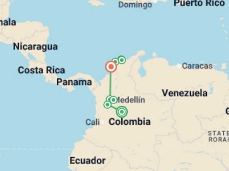Map of a Adventure and sport Tour with 8 destination visits for the trip: Real Colombia