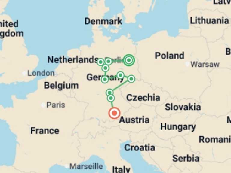 Map itinerary of Berlin Tour in October 2025 with 6 destination visits for the trip: Authentic Germany with Berlin
