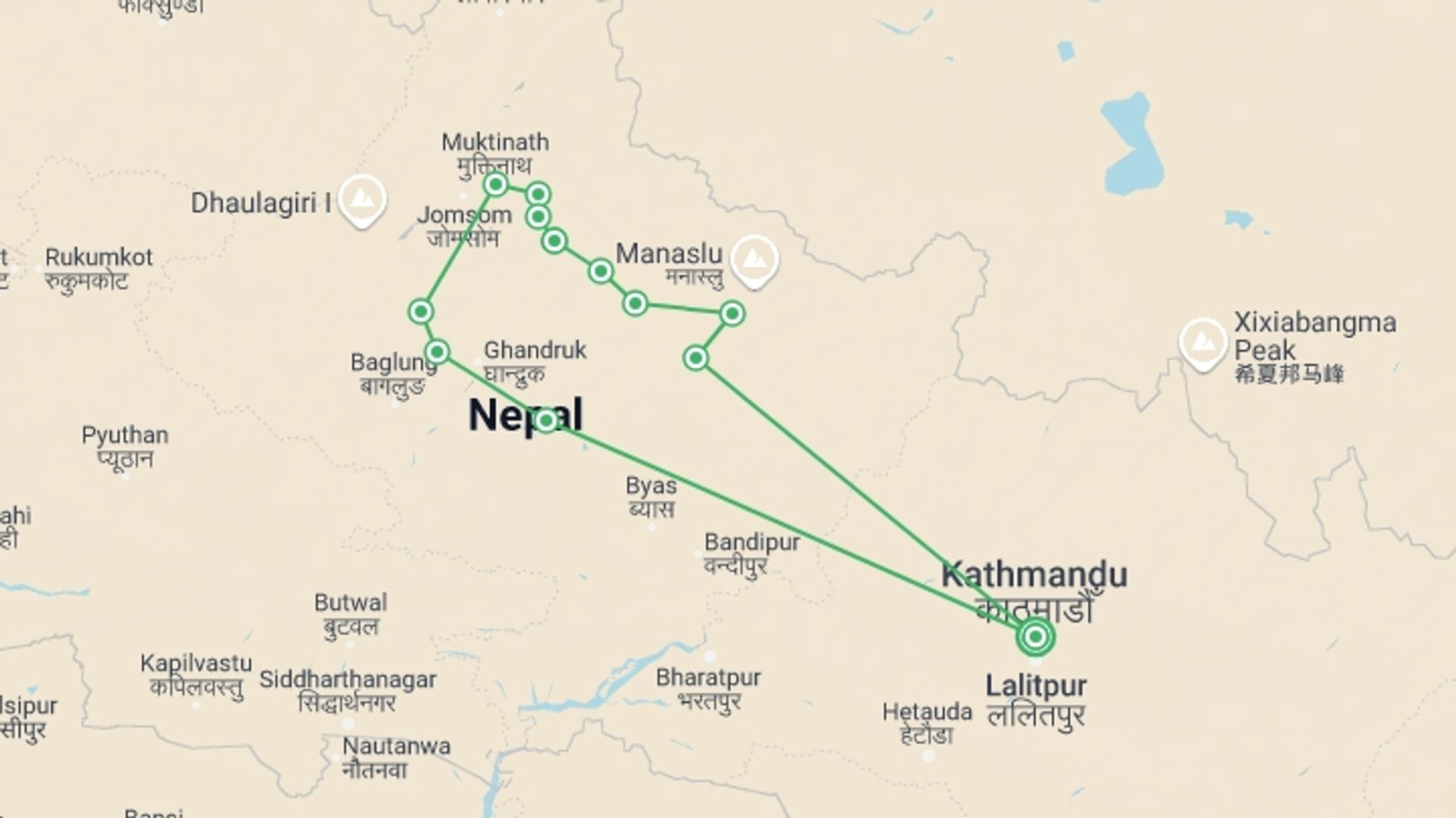 A map showing the tour itinerary for the trip: Annapurna Circuit Trek, starting in Kathmandu, Nepal and ending in Kathmandu, Nepal going through 12 other destinations.