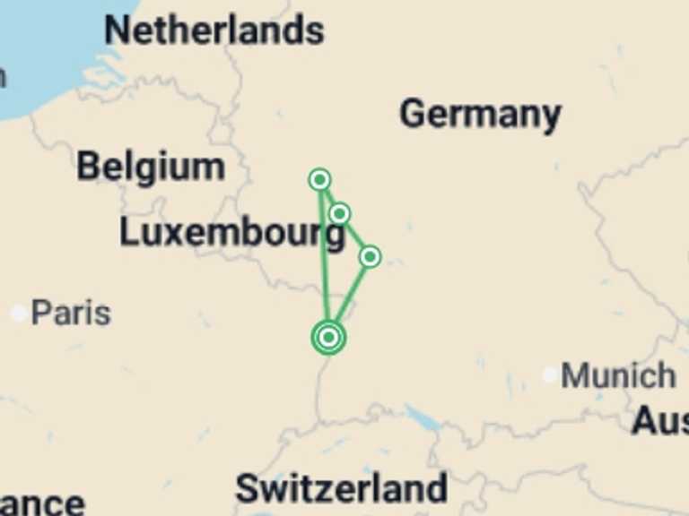 Map of Europe Tour with 5 destination visits for the trip: New Year in the Romantic Rhine valley (port-to-port cruise)