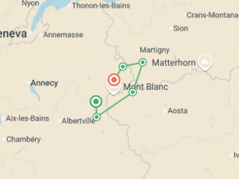 Map of Europe Trekking and Hiking Tour with 6 destination visits for the trip: Express Tour du Mont-Blanc 5D/4N