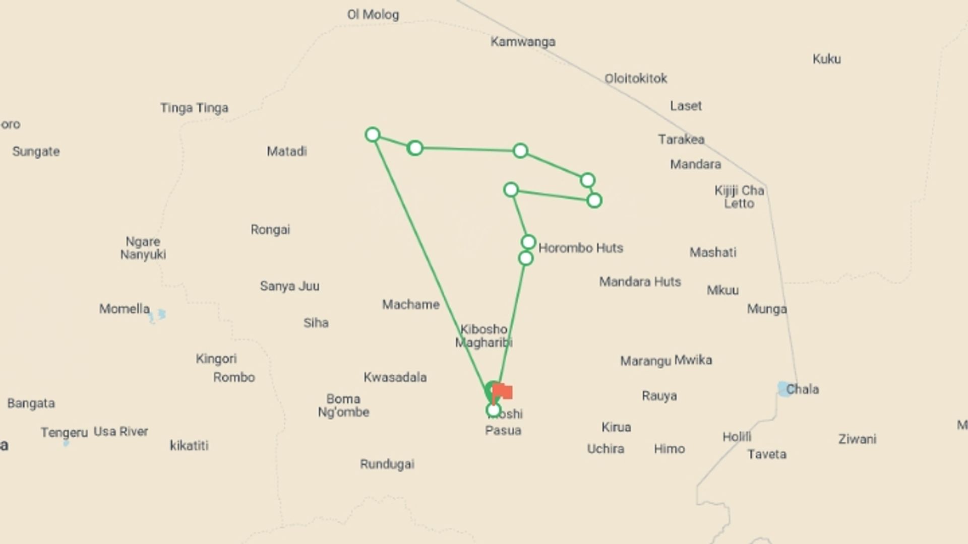 A map showing the tour itinerary for the trip: Kilimanjaro Northern Circuit 11 Days, starting in Moshi, Tanzania and ending in Moshi, Tanzania going through 10 other destinations.