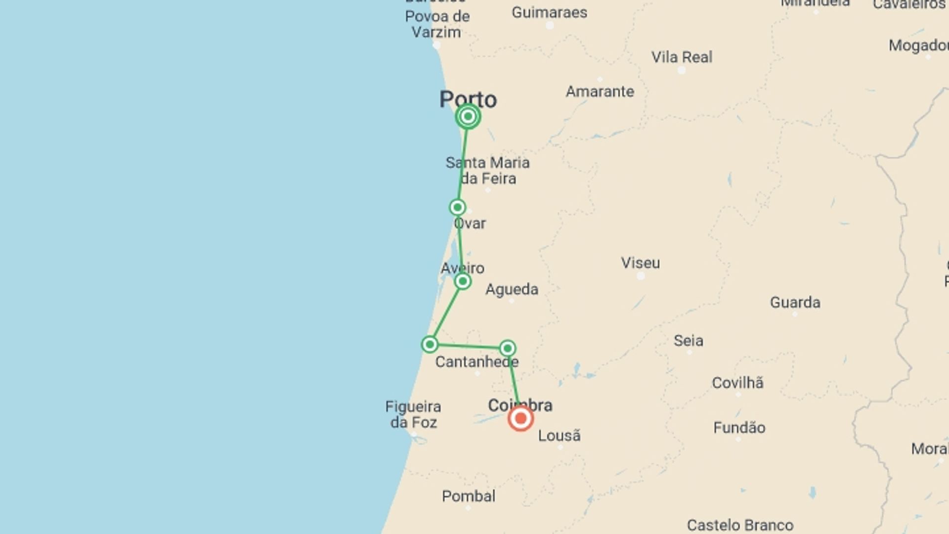 A map showing the tour itinerary for the trip: Porto to Coimbra Cycling, starting in Porto, Portugal and ending in Coimbra, Portugal going through 4 other destinations.
