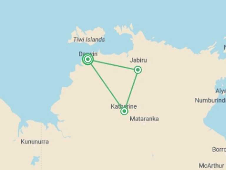 Map of Darwin National parks Tour with 4 destination visits for the trip: Top End Highlights