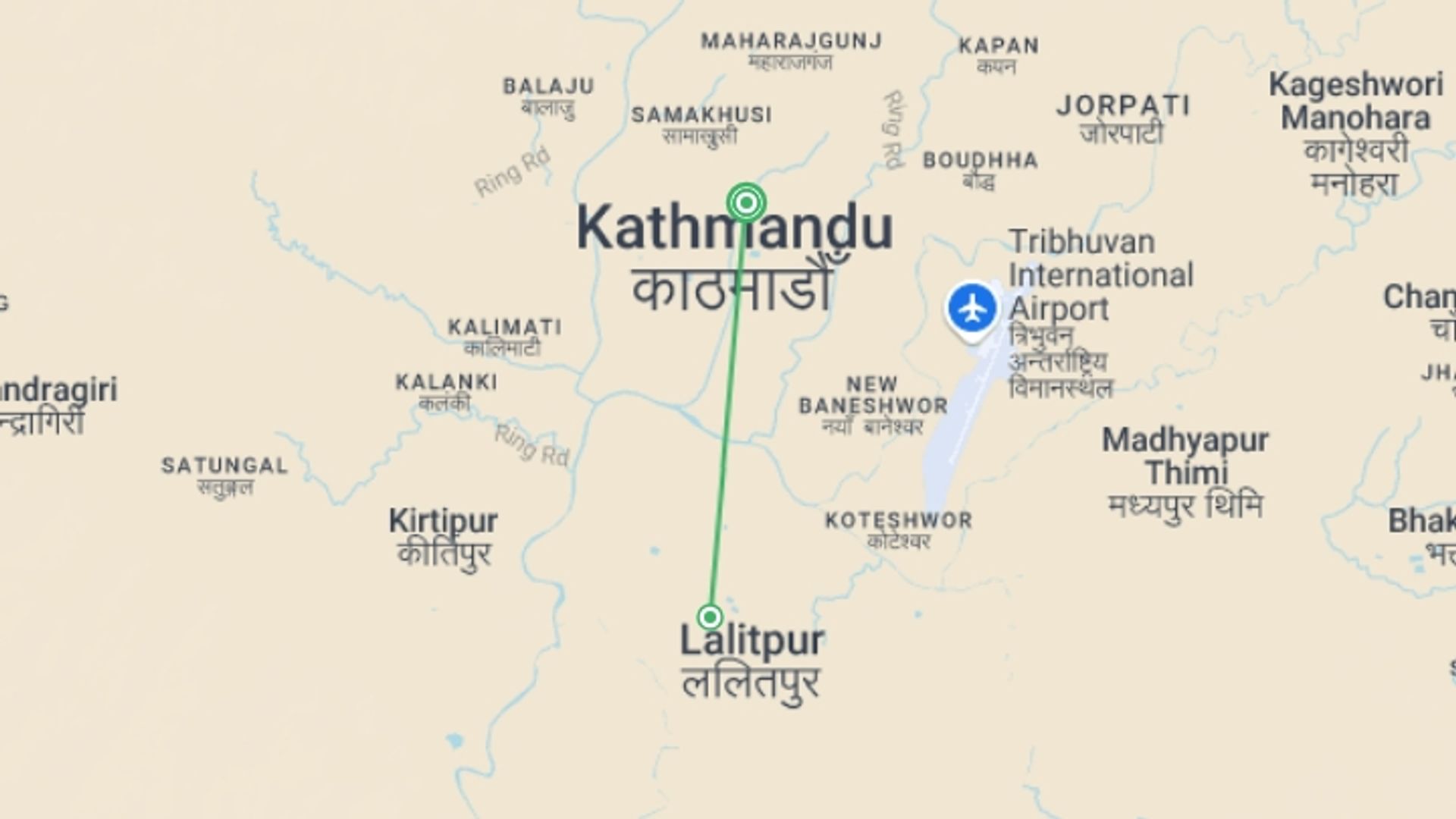 A map showing the tour itinerary for the trip: Explore Kathmandu Valley of Nepal, starting in Kathmandu, Nepal and ending in Kathmandu, Nepal going through 1 other destinations.