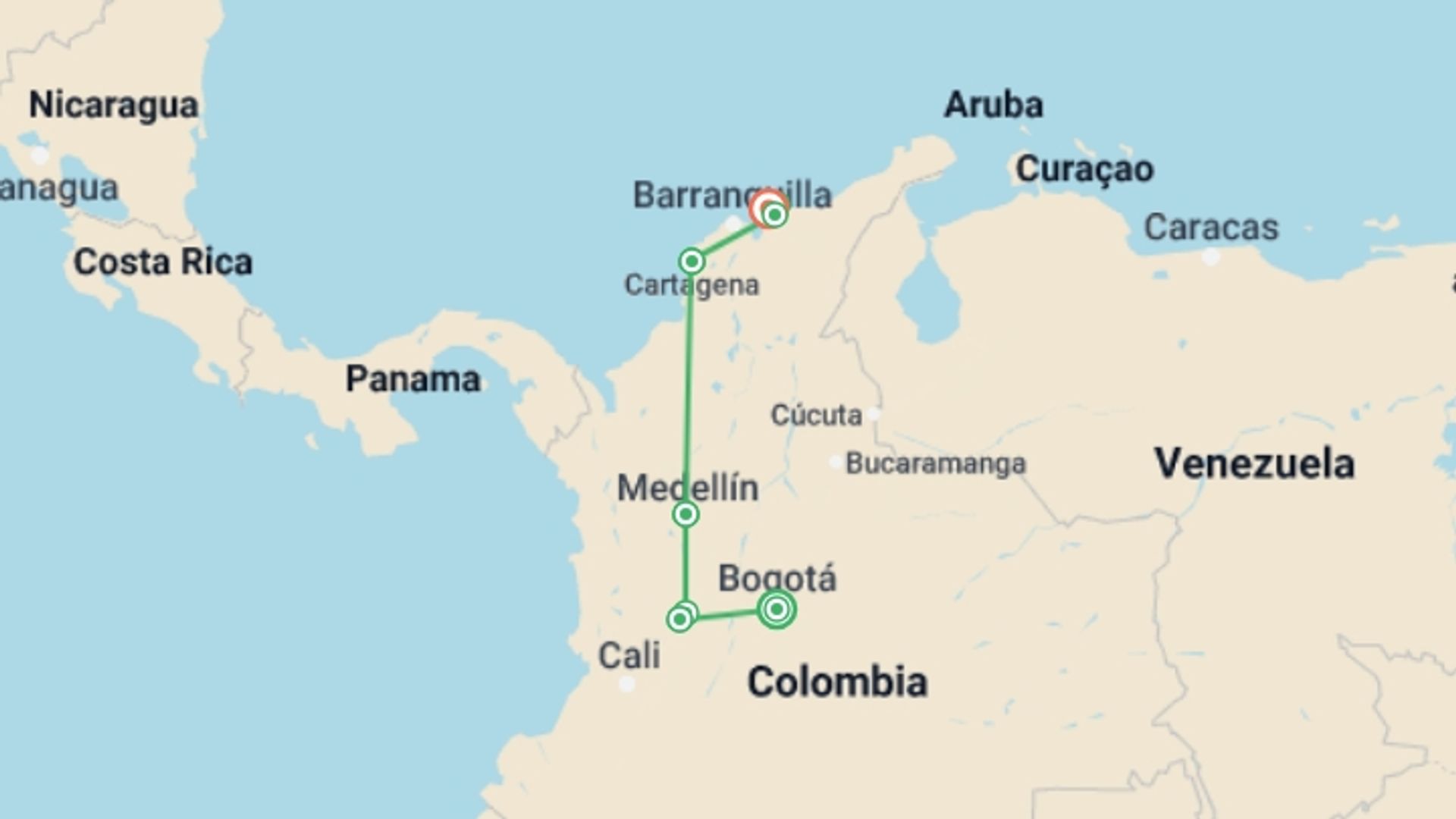 A map showing the tour itinerary for the trip: Classic Colombia, starting in Bogota, Colombia and ending in Santa Marta, Colombia going through 7 other destinations.