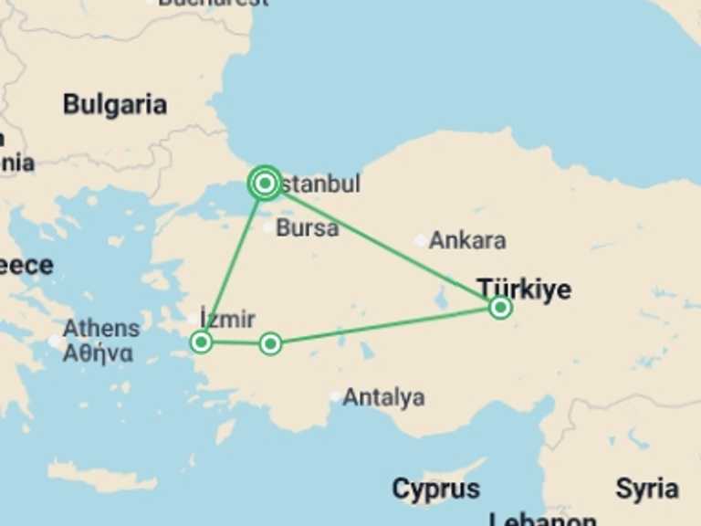 Map itinerary of Mediterranean Tour in Summer with 4 destination visits for the trip: Turkey Flyer Tour
