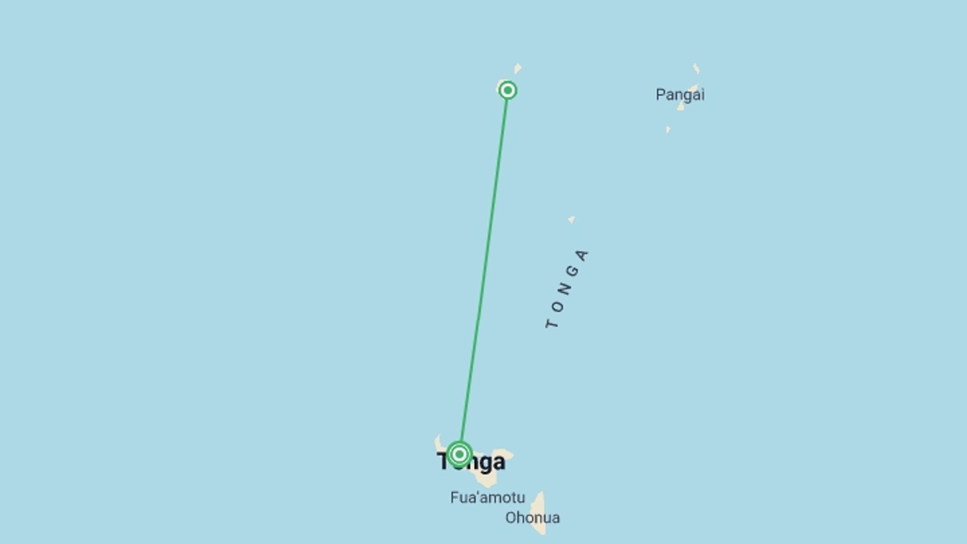 A map showing the tour itinerary for the trip: Tonga Whale Encounters, starting in Tongatapu, Tonga and ending in Tongatapu, Tonga going through 1 other destinations.