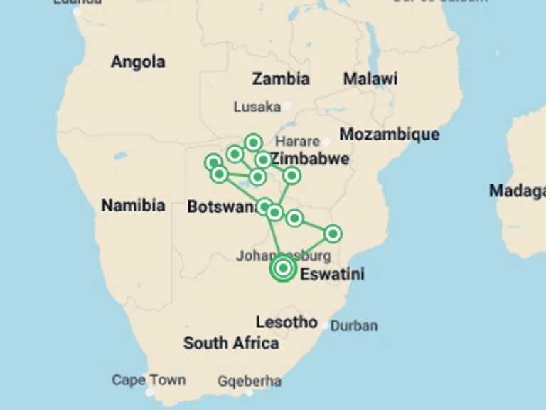 Map of Africa Wildlife safaris and game drives Tour with 12 destination visits for the trip: Explore Southern Africa