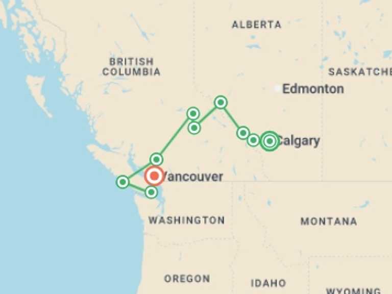 Map itinerary of Whistler Tour in June 2026 with 10 destination visits for the trip: Canadian Rockies and Pacific Coast