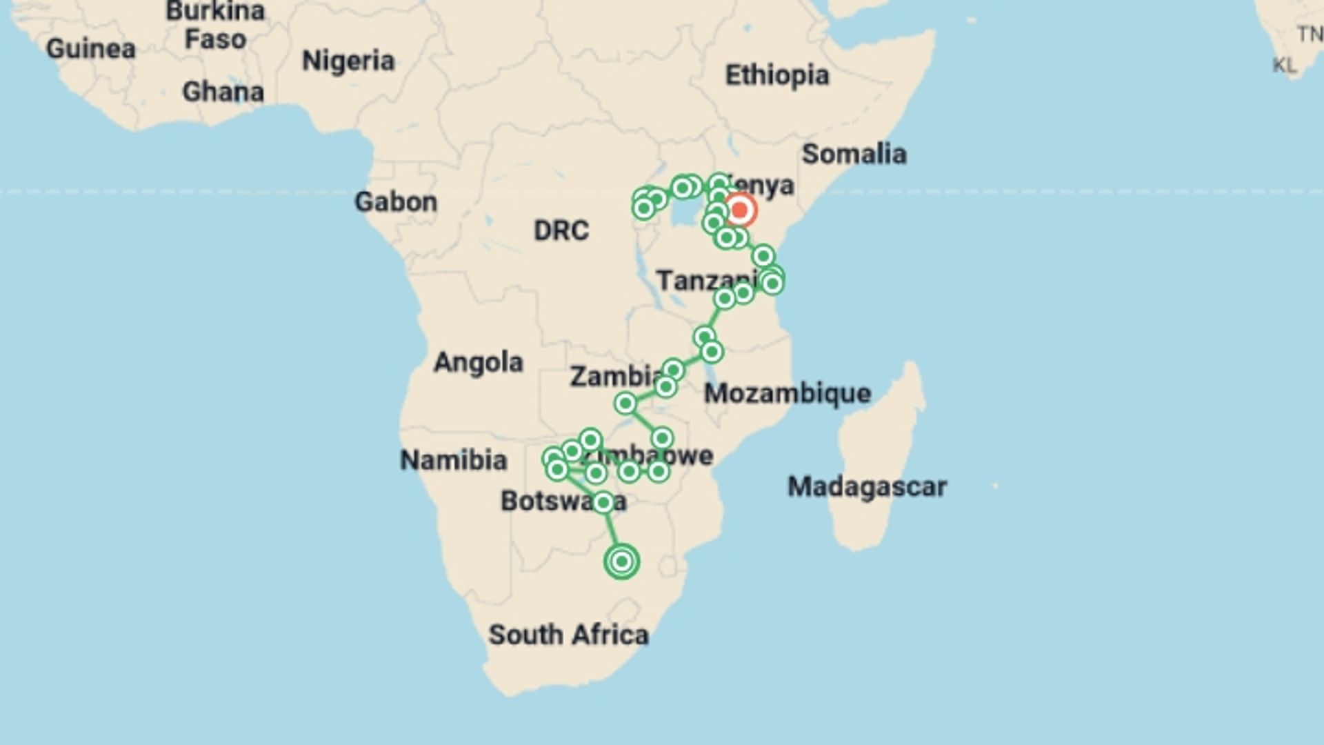 A map showing the tour itinerary for the trip: Johannesburg to Gorillas, starting in Johannesburg, South Africa and ending in Nairobi, Kenya going through 35 other destinations.