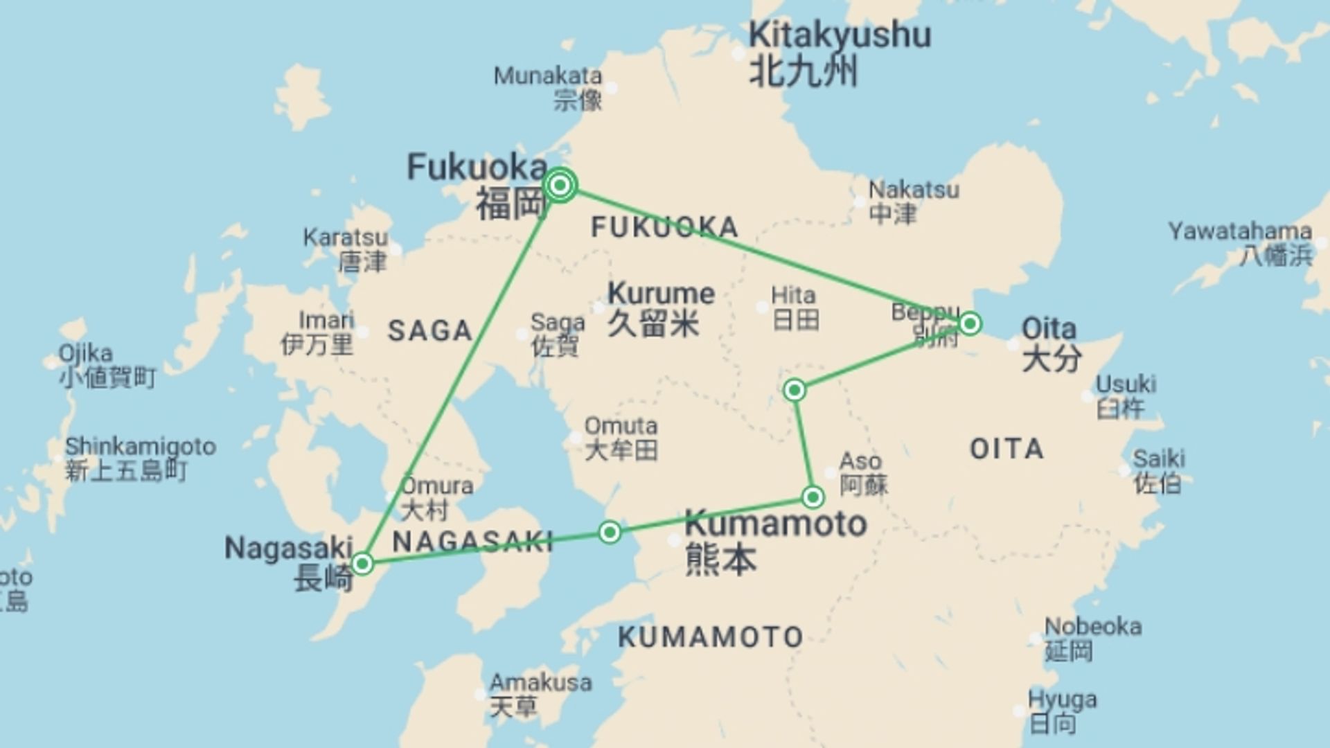 A map showing the tour itinerary for the trip: Highlights of Japan - Kyushu Island, starting in Fukuoka, Japan and ending in Fukuoka, Japan going through 5 other destinations.