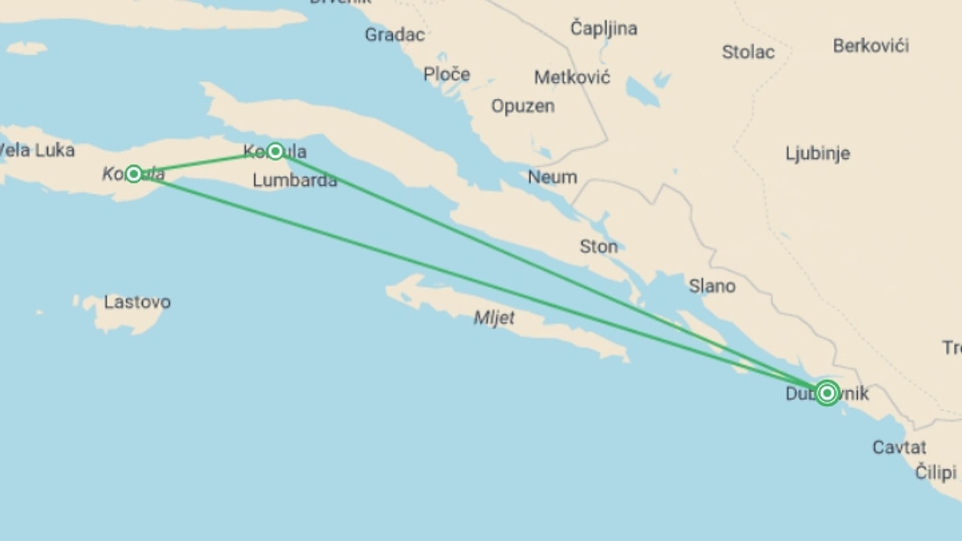 A map showing the tour itinerary for the trip: Croatia Family luxury holiday in 8 days, starting in Dubrovnik, Croatia and ending in Dubrovnik, Croatia going through 2 other destinations.