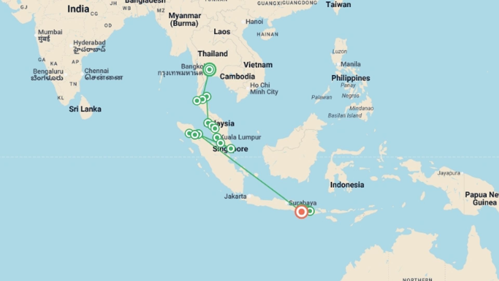 A map showing the tour itinerary for the trip: Bangkok to Bali: Street Food, Summits & Island Escapes, starting in Bangkok, Thailand and ending in Seminyak , Indonesia going through 20 other destinations.