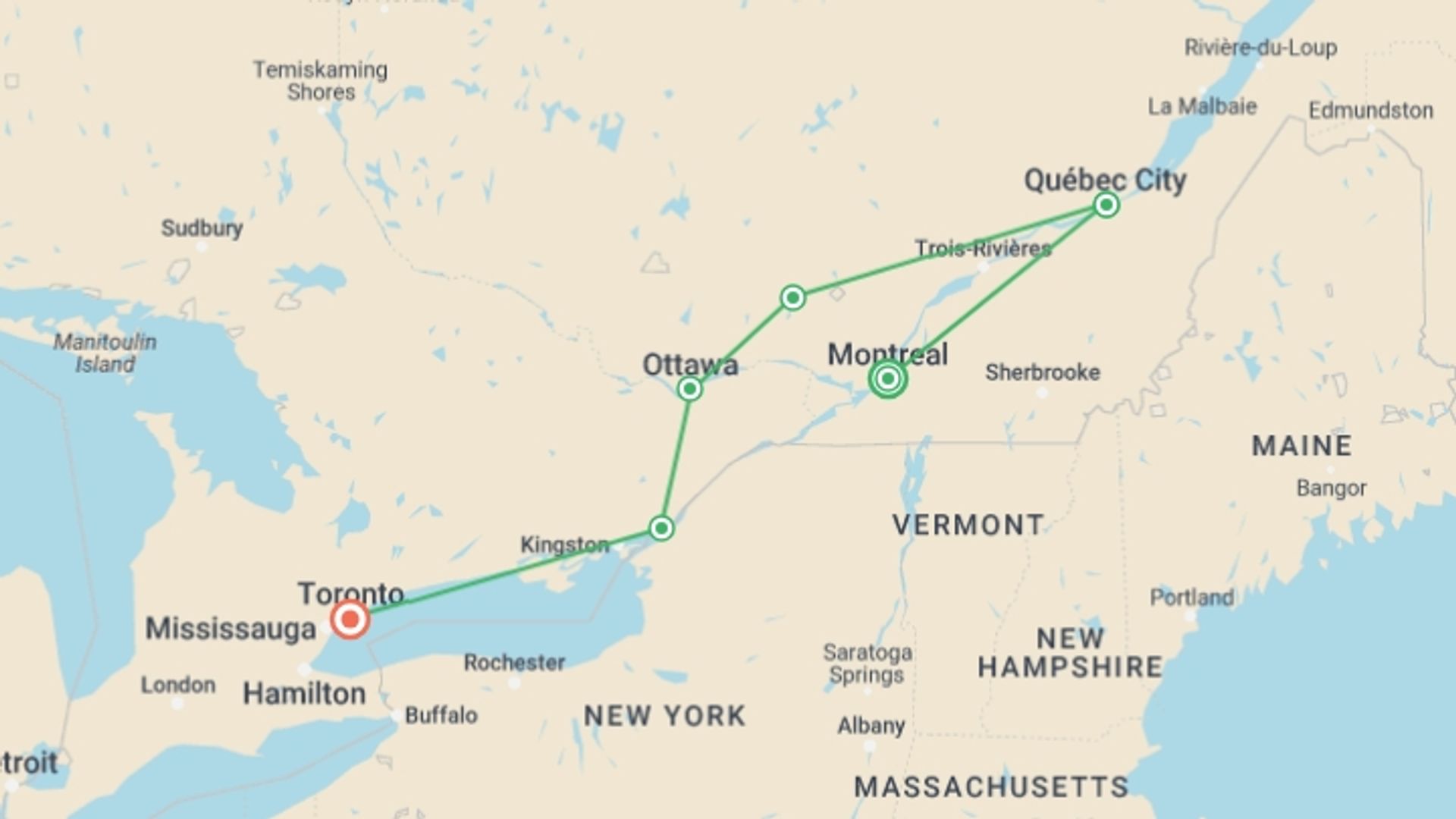 A map showing the tour itinerary for the trip: Canadian Capitals, starting in Montreal, Canada and ending in Toronto, Canada going through 2 other destinations.