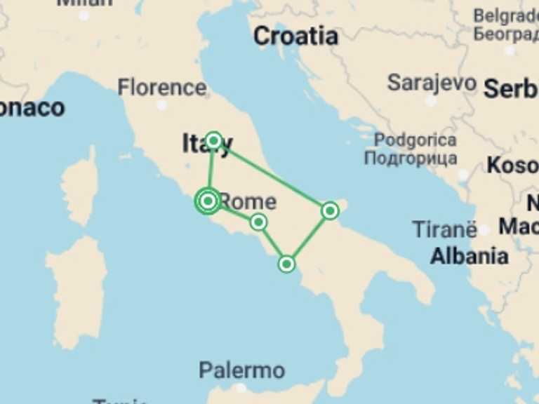 Map itinerary of Rome Tour in May 2027 with 1 destination visits for the trip: Shrines of Italy 