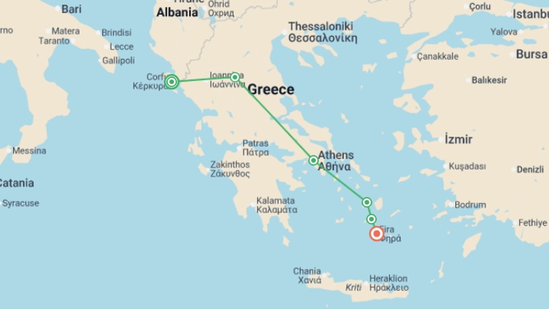 A map showing the tour itinerary for the trip: Corfu to Santorini: Beach Days & Jaw-Dropping Views, starting in Corfu, Greece and ending in Santorini, Greece going through 4 other destinations.