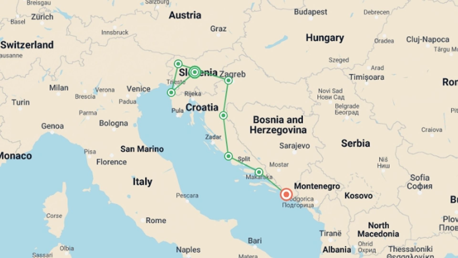 A map showing the tour itinerary for the trip: Highlights of Slovenia & Croatia, starting in Ljubljana, Slovenia and ending in Dubrovnik, Croatia going through 6 other destinations.