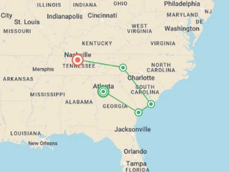 Map of a Trekking and Hiking Tour with 5 destination visits for the trip: Georgia History Trail to Nashville