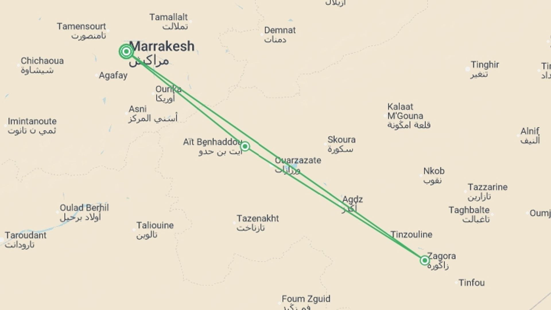 A map showing the tour itinerary for the trip: Marrakech City & Desert Adventure 5D/4N, starting in Marrakech, Morocco and ending in Marrakech, Morocco going through 1 other destinations.