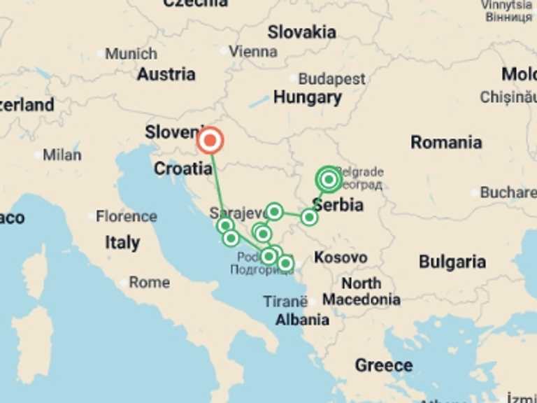 Map itinerary of Dubrovnik Tour in Fall with 7 destination visits for the trip: Belgrade to Zagreb - 12 days