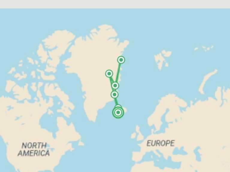 Map of Reykjavik Polar expeditions and cruise Tour with 5 destination visits for the trip: Under the Northern Lights: Exploring Iceland & East Greenland