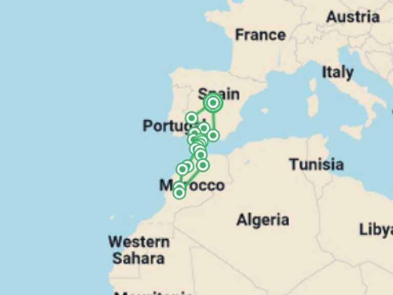 Map of Europe Tour with 11 destination visits for the trip: Madrid, Southern Spain & Morocco - 16 days