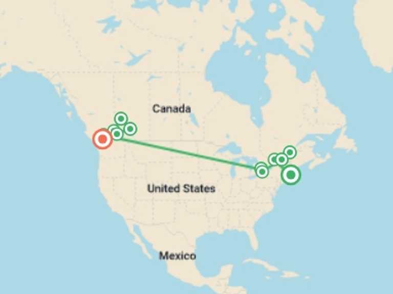 Map itinerary of North America Tour in July 2027 with 13 destination visits for the trip: Ultimate Canada