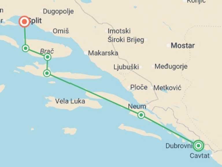 Map of a Adventure and sport Tour with 5 destination visits for the trip: Cruise Dubrovnik to Split Express - 5 days